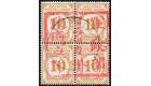 SG JD14. 1942 10c Yellow-orange. Superb fine used block of 4...