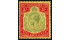 SG53de. 1920 5/- Green and carmine-red/pale yellow 'Break in lin