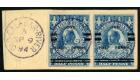 SG65. 1894 1/2d on 2 1/2d Blue. Superb fine used pair on piece..