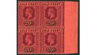 SG84. 1913 20/- Purple and black/red. Brilliant U/M block of fou