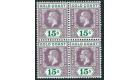 SG100. 1921 15/- Dull purple and green. Brilliant U/M mint block